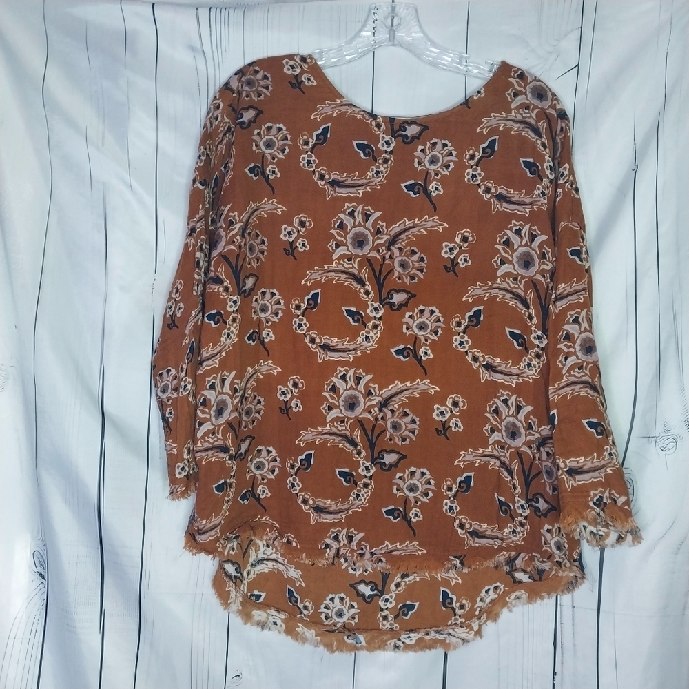 Voloshin Brown Paisley Floral Boho Relaxed Cotton 3/4 Sleeve raw-edge hem top